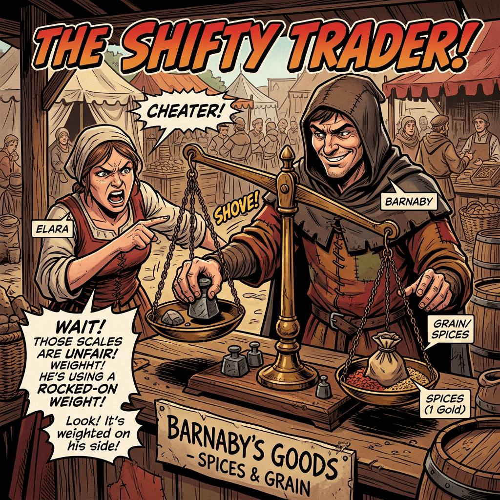 Medieval merchant Barnaby using rigged scales to cheat customer Elara in market dispute
