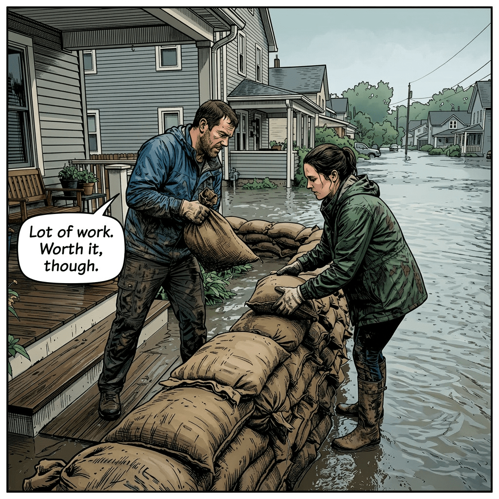 Man and woman placing sandbags in floodwater near a house