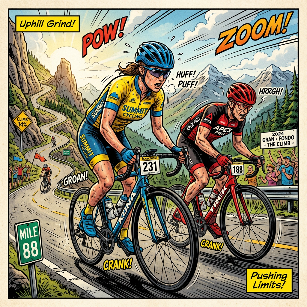 Two cyclists exerting effort climbing a steep mountain road during a race with spectators cheering.