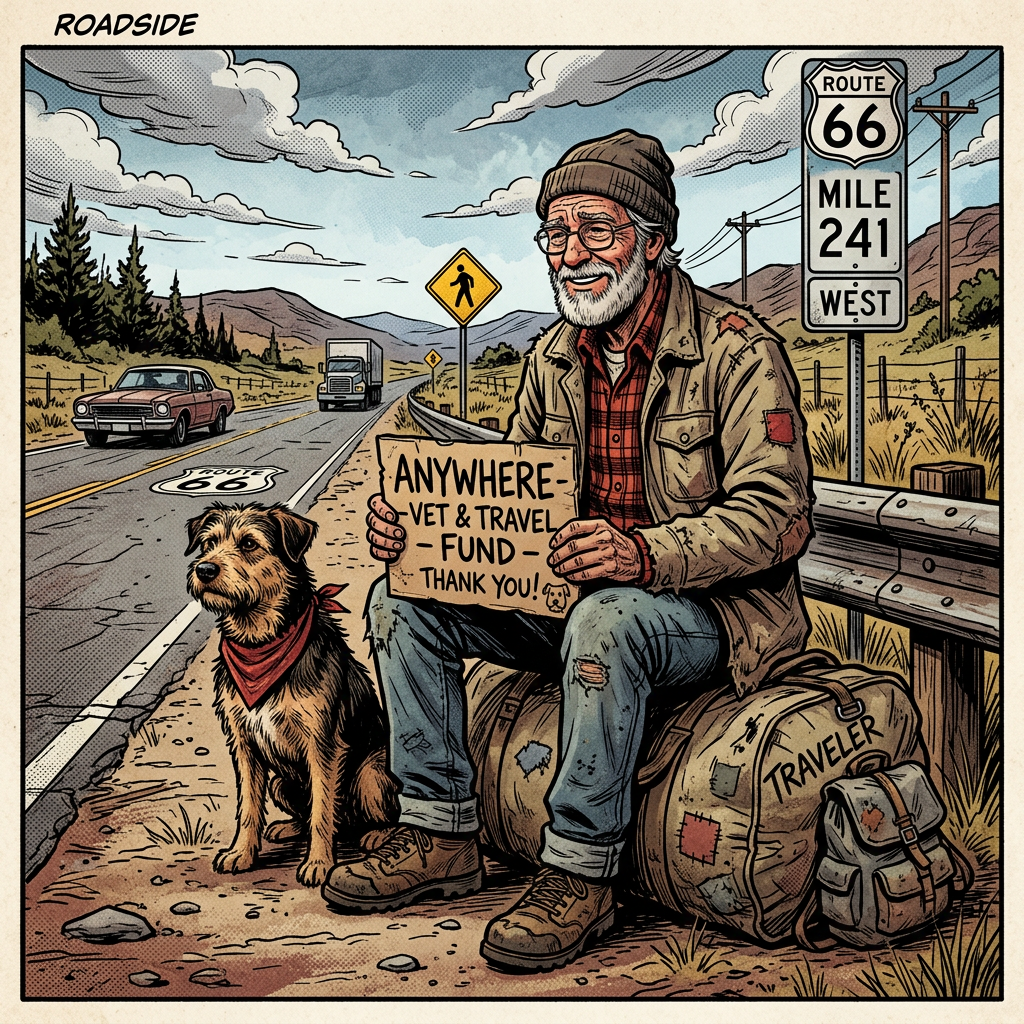 Older man sitting by roadside with dog holding sign for travel and vet fund