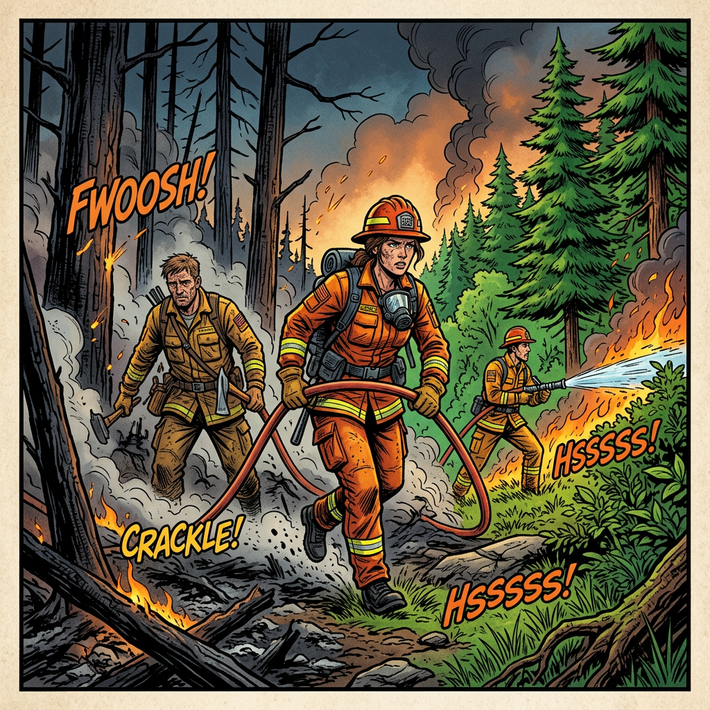 Three firefighters in orange and yellow gear fighting a forest fire with water hoses and axes