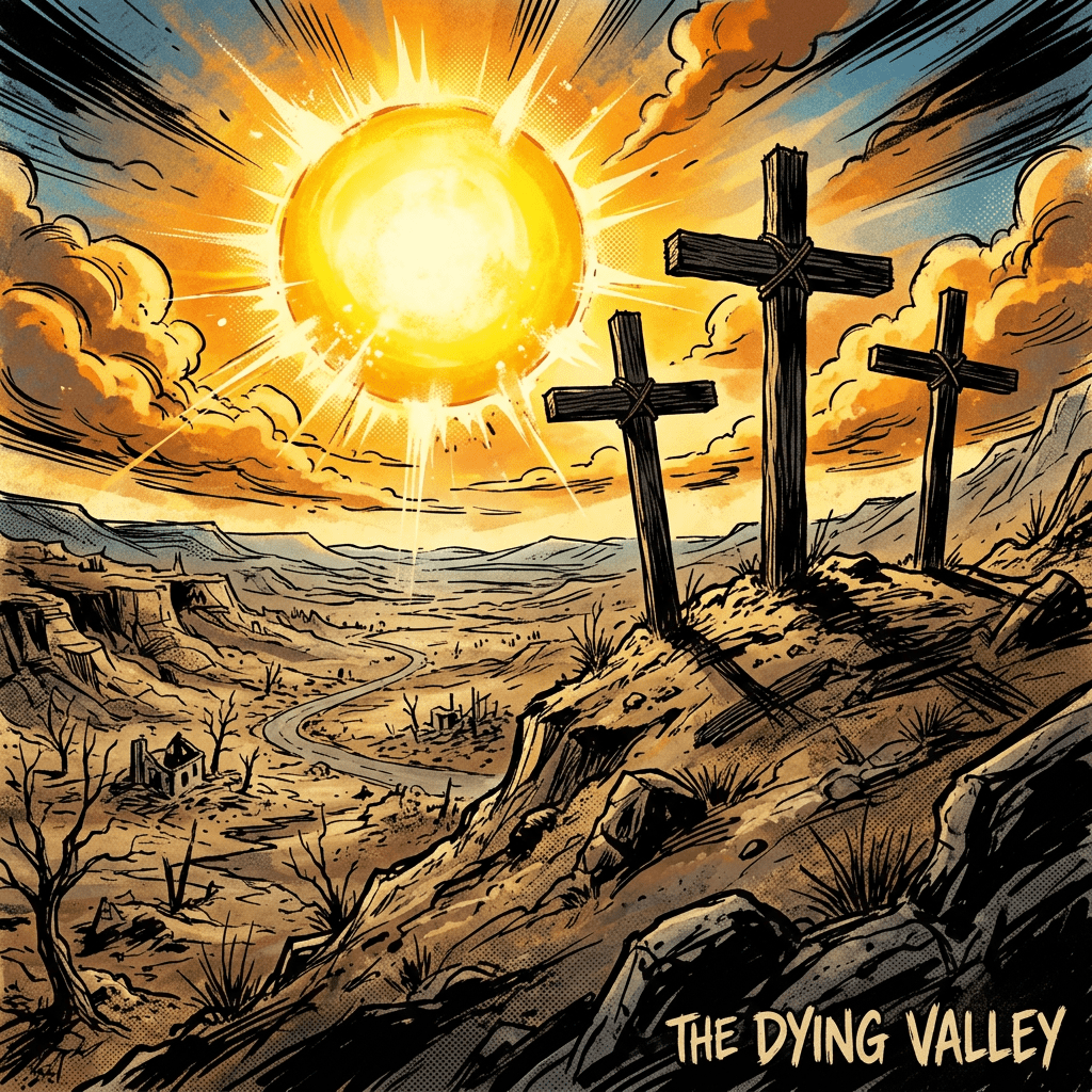 Three wooden crosses on a rocky hill in a dry valley with bright sun and clouds