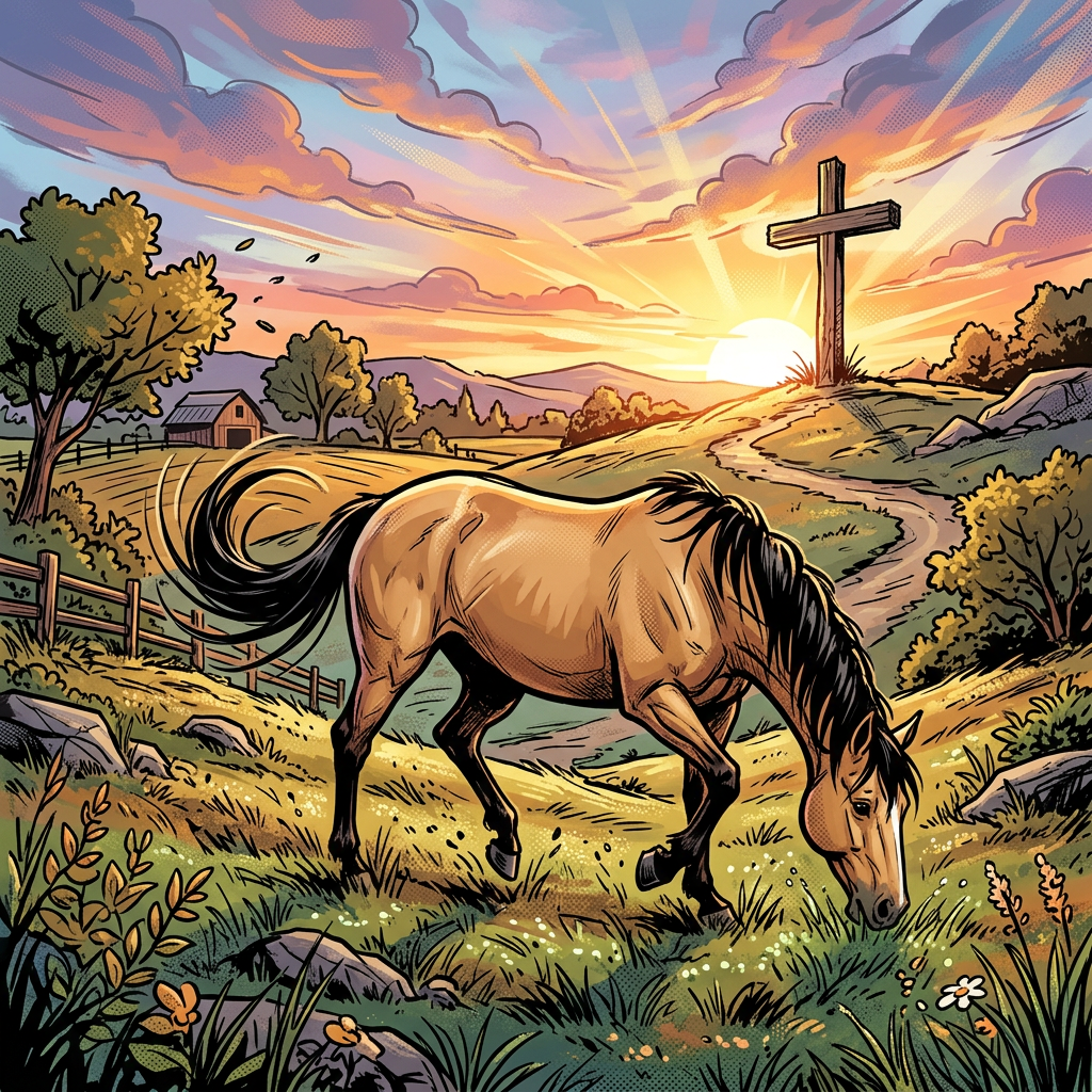 A horse grazing in a countryside field near a hill with a wooden cross at sunset