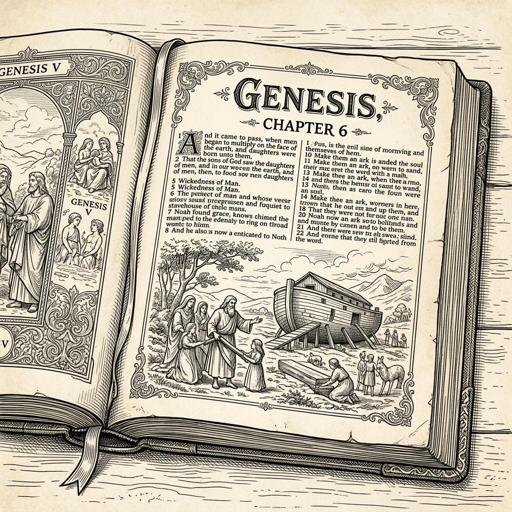 Open Bible displaying Genesis Chapter 6 text and illustrations of Noah's Ark and people building the ark