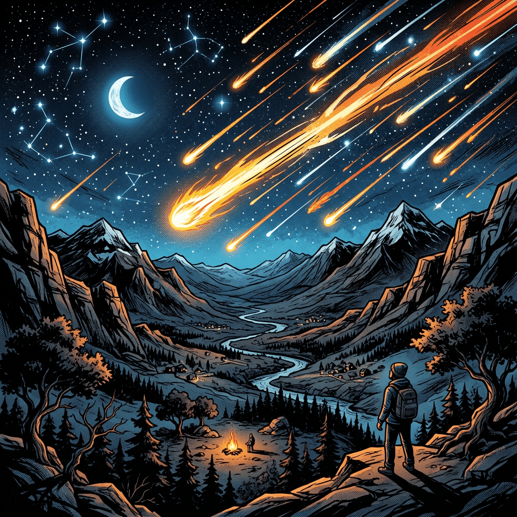Nighttime mountain valley with meteors streaking across the sky and a hiker observing from a cliff