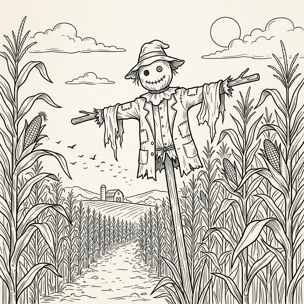 Scarecrow with button eyes and patchy clothes in cornfield with farmhouse