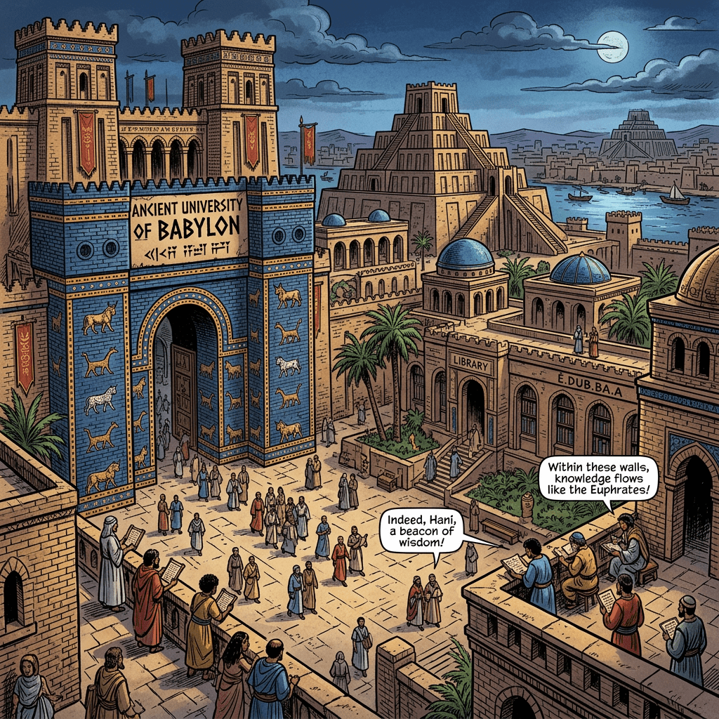 Scholars studying and conversing at the Ancient University of Babylon courtyard with ziggurats and river in background