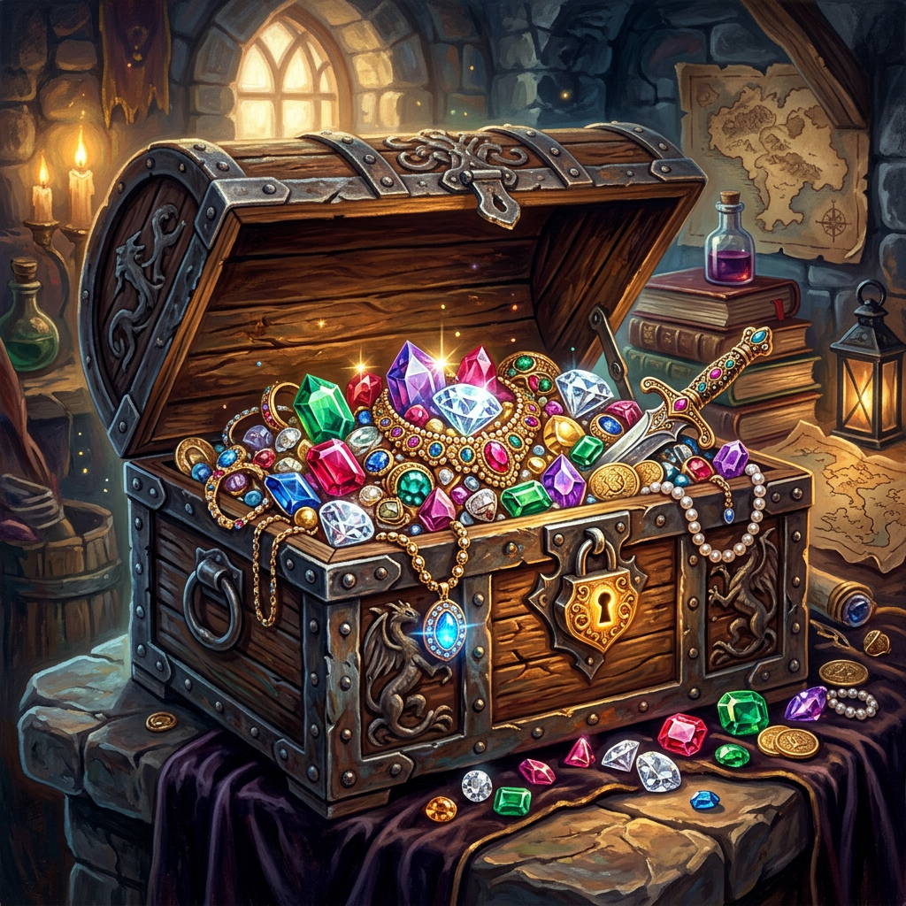 Open treasure chest filled with gemstones, jewelry, coins, and a jeweled sword